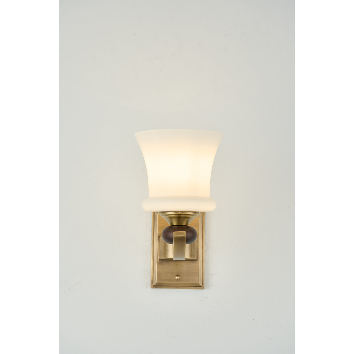 Supplier real photograph of the illuminated Brontelle one-light wall sconce complete front view