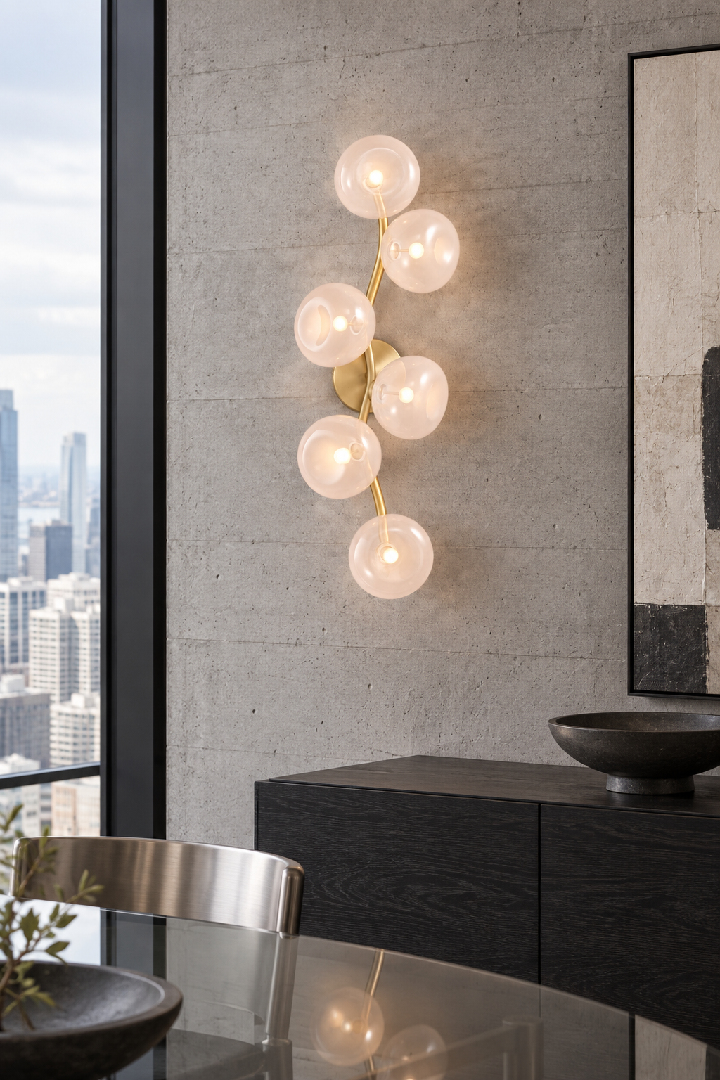 Modern Glass Globe Branch Wall Sconce in Natural Brass - 6-shade blush glass sconce in concrete penthouse dining room