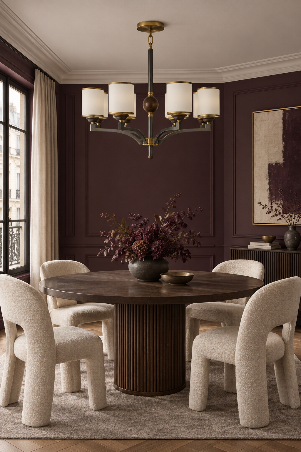 Cylmere six-light chandelier centered above a round walnut table in an aubergine Parisian-modern dining room, fixture off