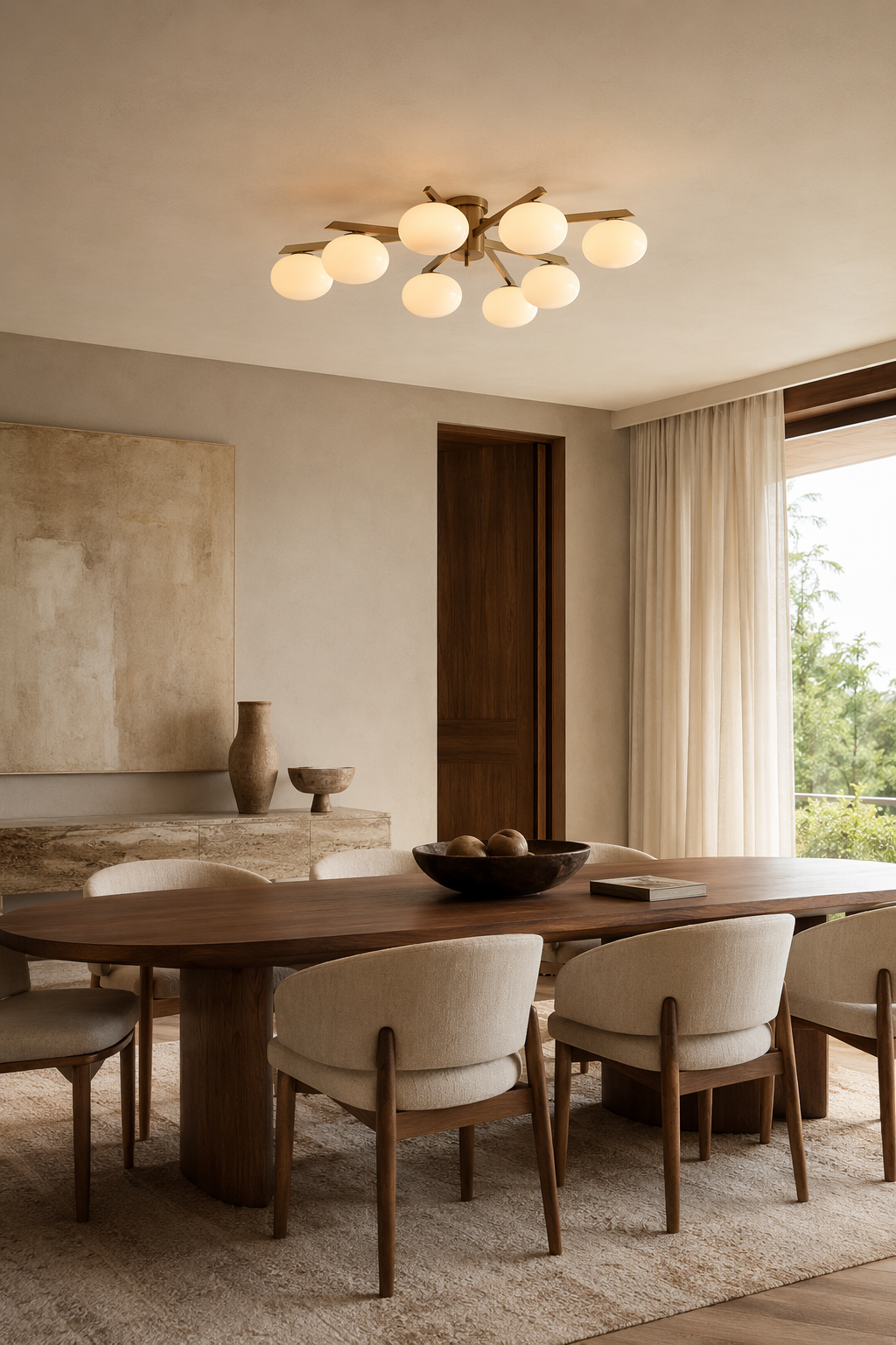 Solid Brass Opal Glass Semi-Flush Ceiling Light installed over a dining area, view 4