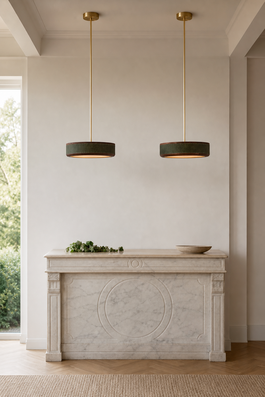 Modern Handmade Leather & Wood Ring Ceiling Light