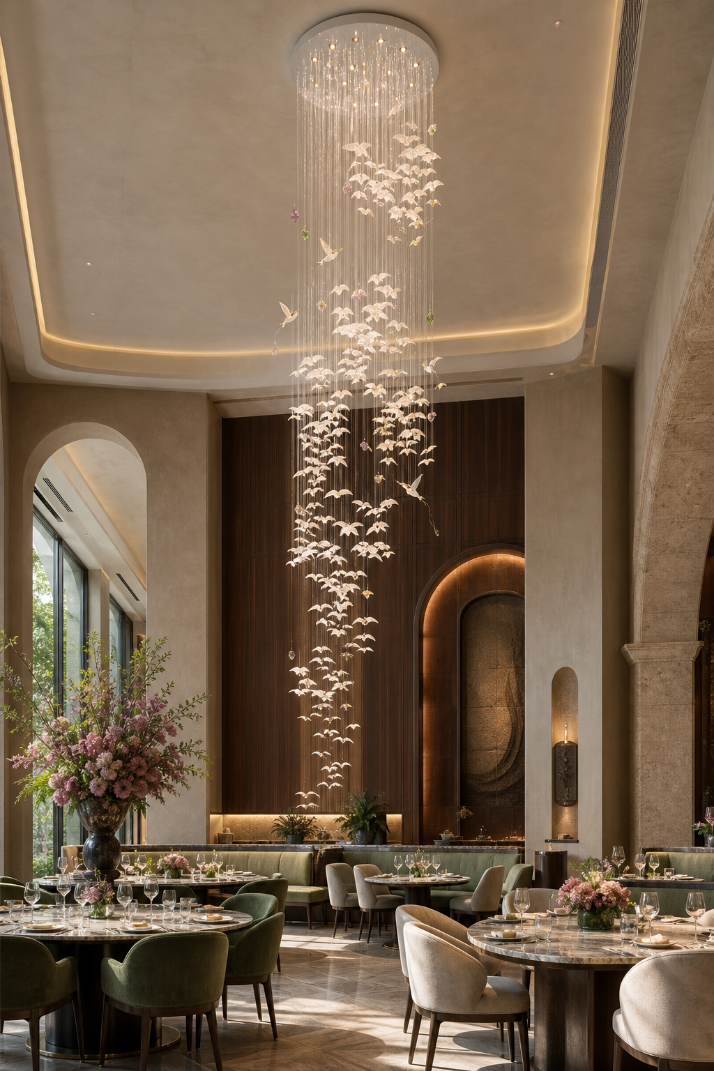 Floating Orchid Ceramic Grand Cascade Chandelier fine dining wide