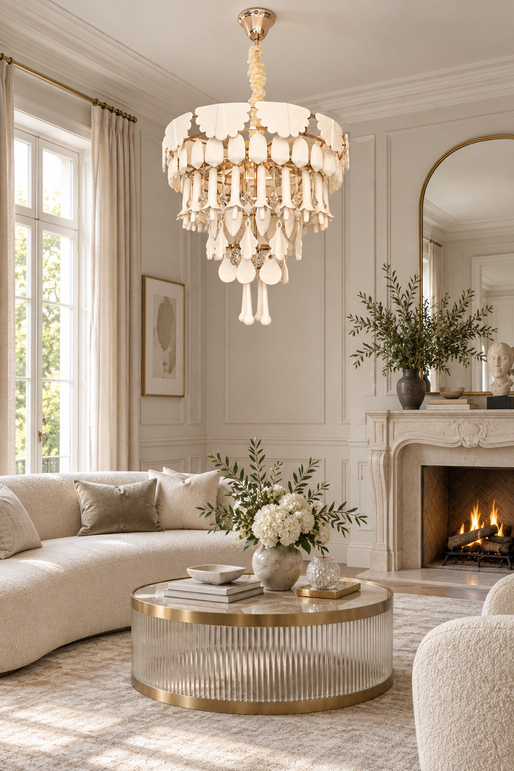 Muguetelle ivory ceramic chandelier in a bright formal luxury living room