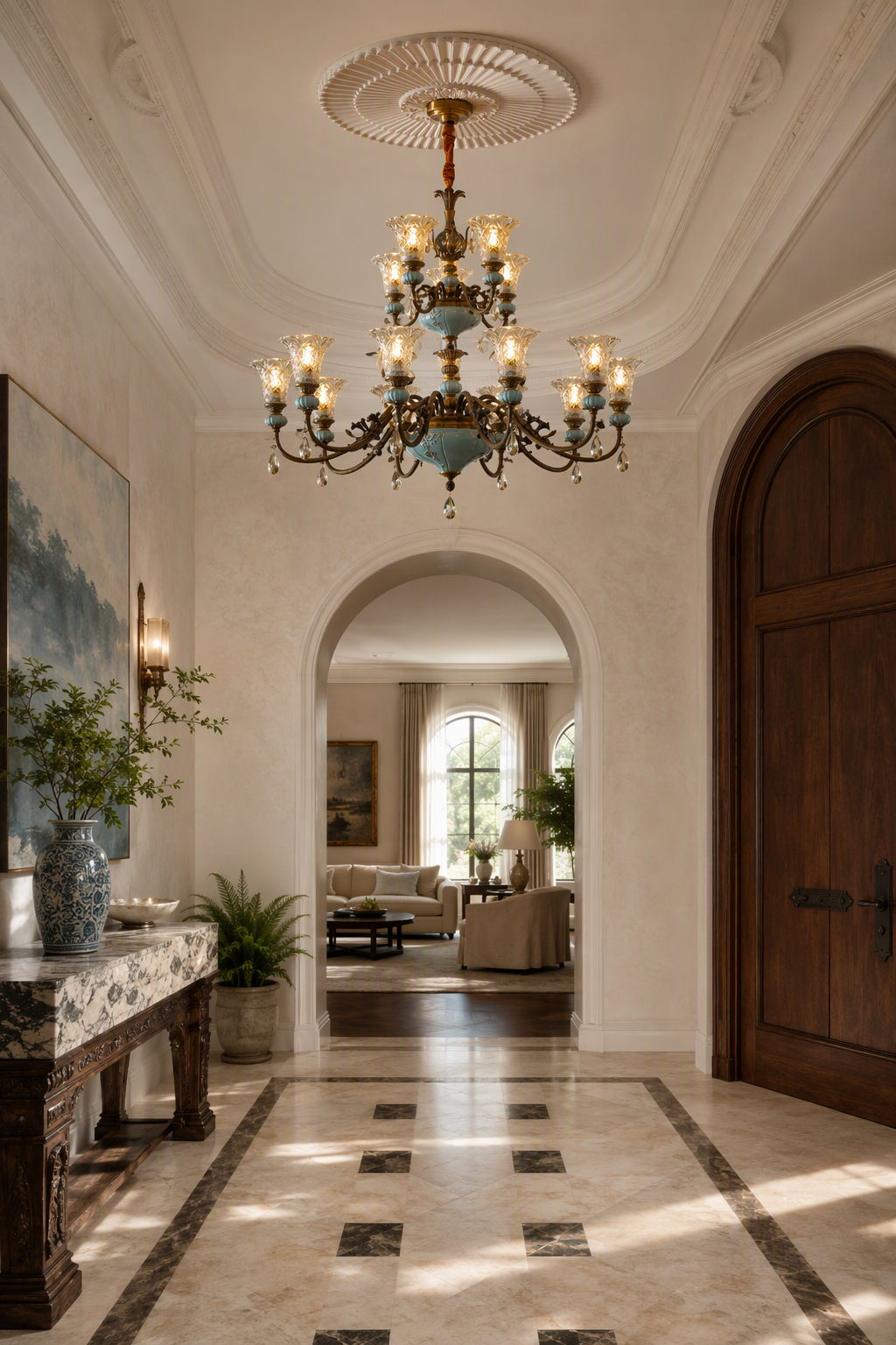 Blue Glazed Ceramic Two-Tier Chandelier foyer wide
