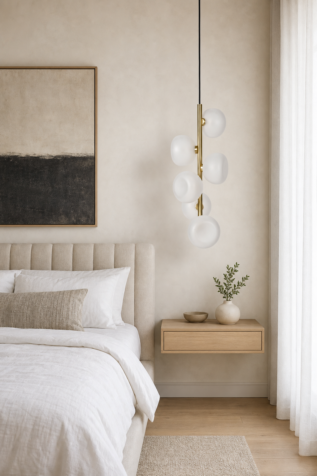 Frosted glass six-light vertical pendant in a modern bedroom with the lights off