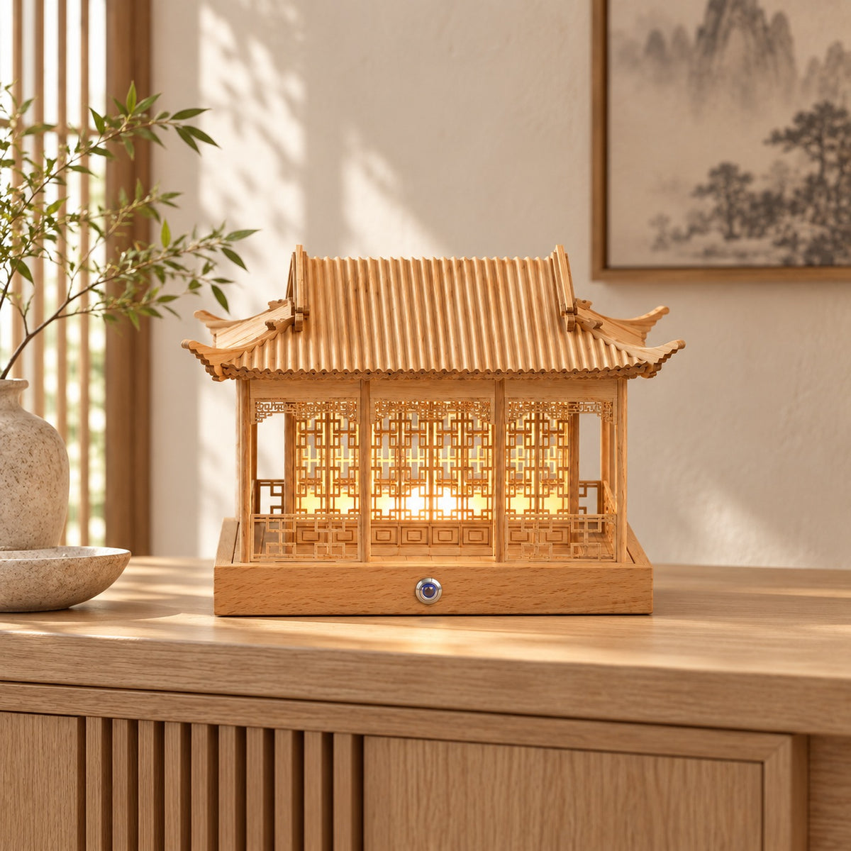 Natural pine rain pavilion lamp in a refined entryway