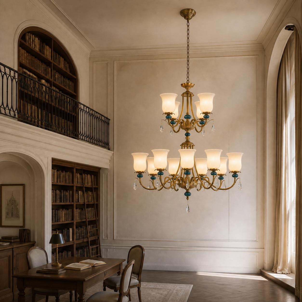 Marcelline 8 plus 4 two-tier chandelier in a library atrium