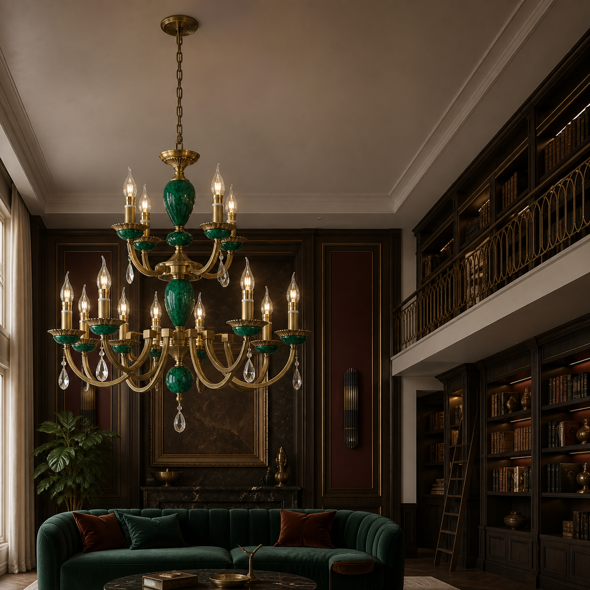 Valeria 8 plus 4 two-tier chandelier in a left-weighted library salon
