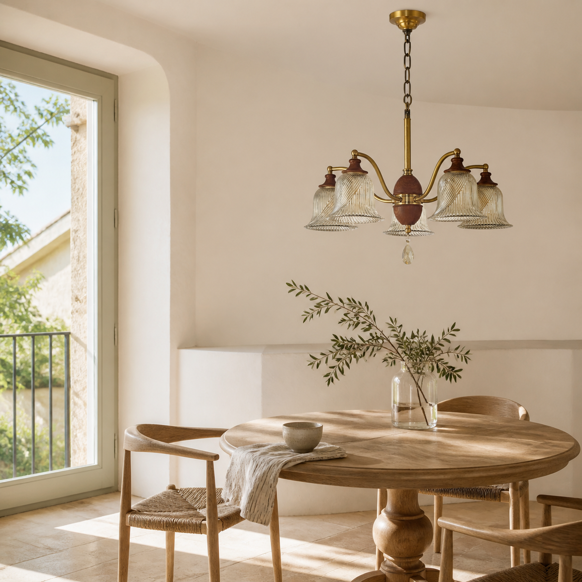 Elowen five-light downlight chandelier in a right-weighted breakfast nook