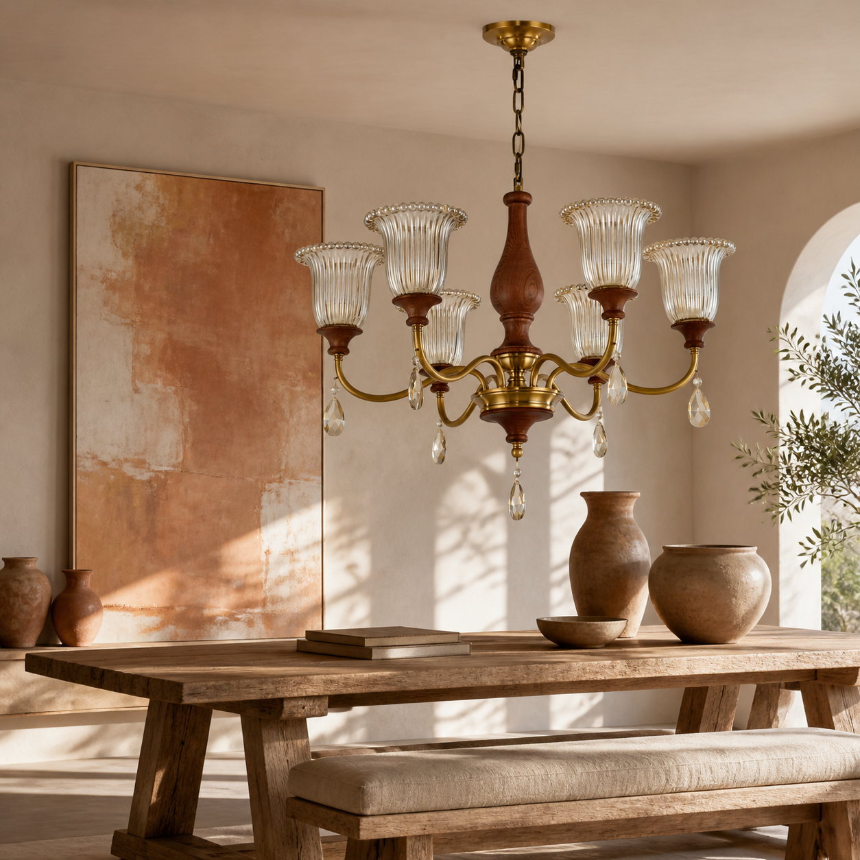 Rosalind eight-light chandelier in a terracotta artist salon