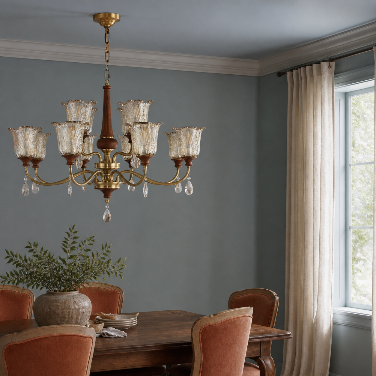 Aurelia ten-light chandelier left-weighted in a powder-blue dining room