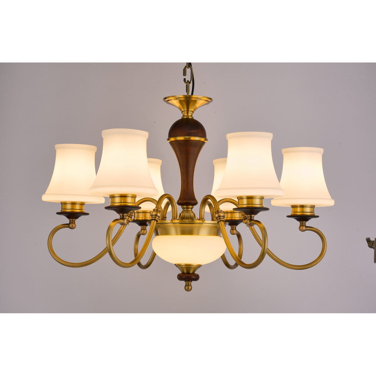 Supplier real photograph of the Glenhaven six-light chandelier complete lit front view