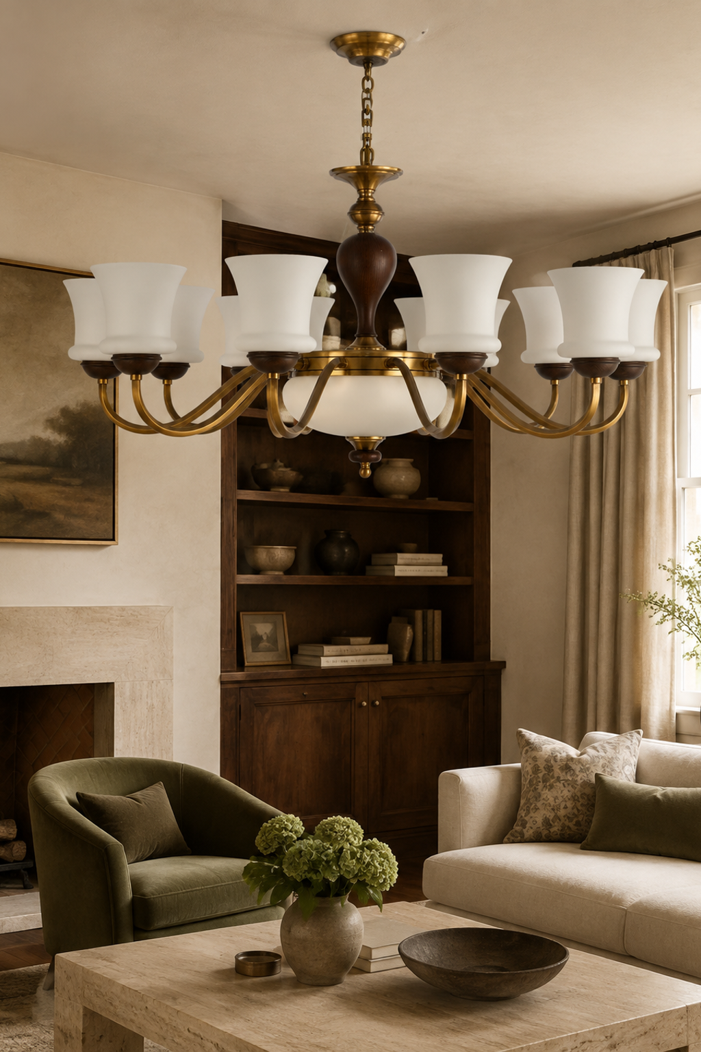 Halveraine ten-light chandelier centered over the main seating zone in a collected daylight living room, fixture off