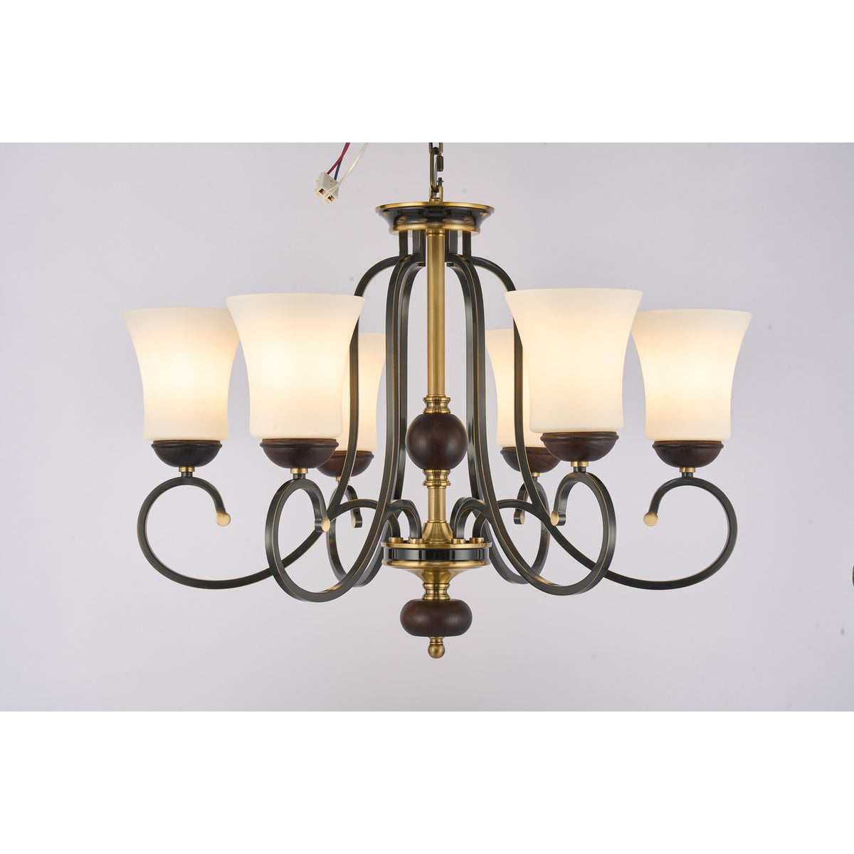 Supplier real photograph of the Haverford six-light chandelier complete lit front view