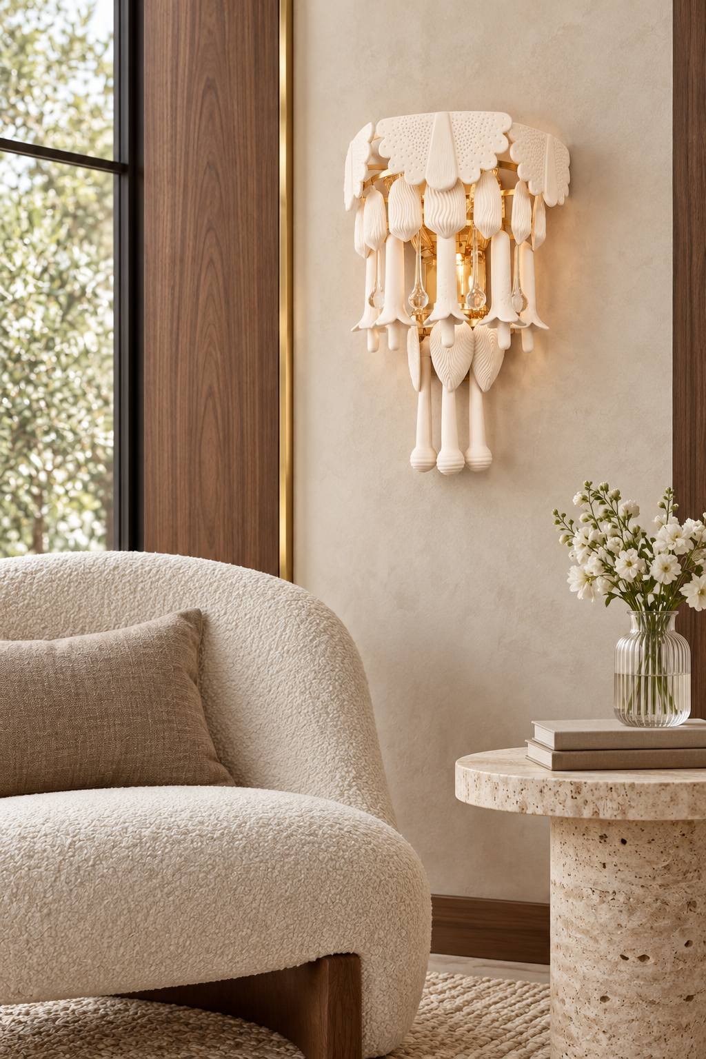 Muguetelle ivory ceramic wall sconce in a refined hotel reading lounge
