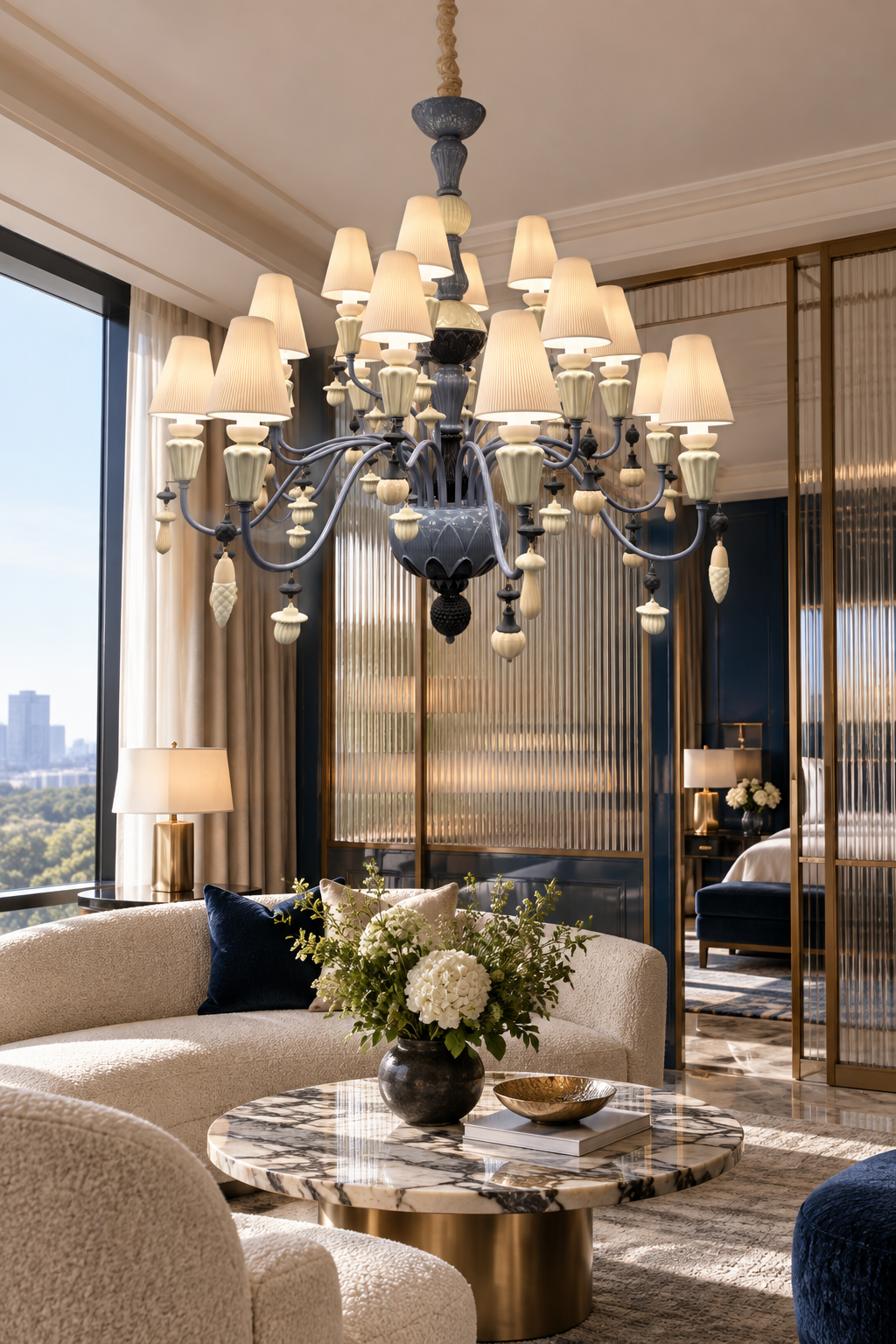 Mirevelle blue-gray botanical ceramic chandelier – hotel suite – media 4
