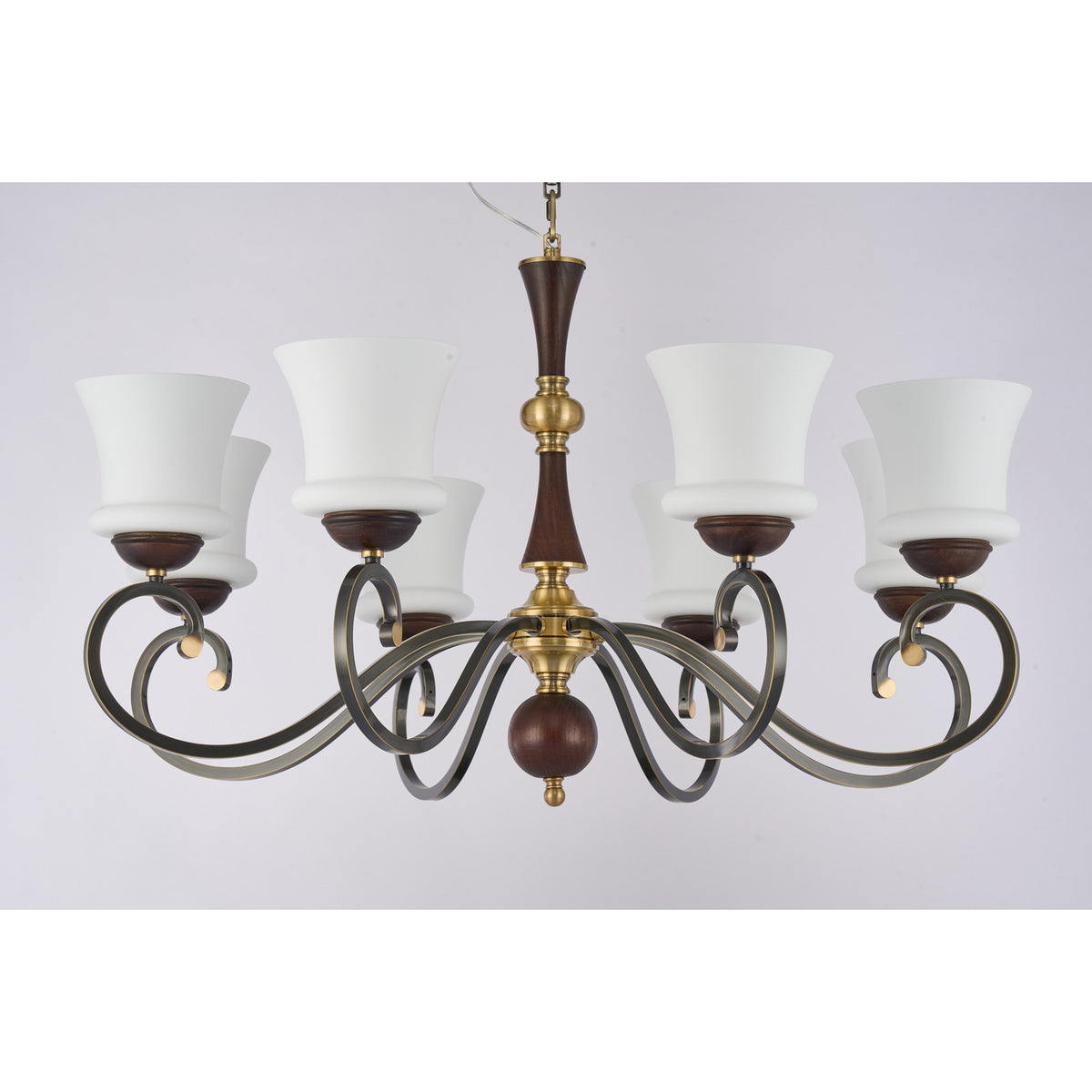 Supplier real photograph of the Langford eight-light chandelier complete unlit front view