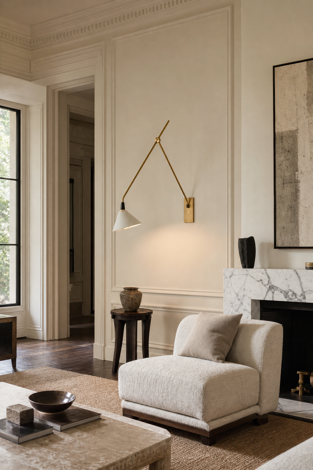 Adjustable Brass Wall Sconce — Long Arm sconce on a daylight living-room feature wall