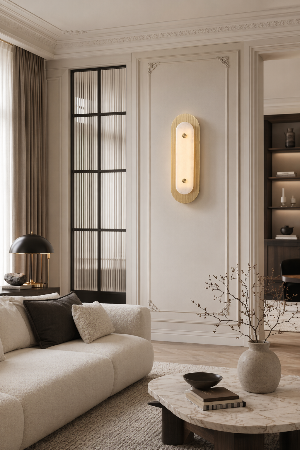 Modern Brass Marble Oval LED Wall Sconce - 04 04-living-room-feature-wall-wide