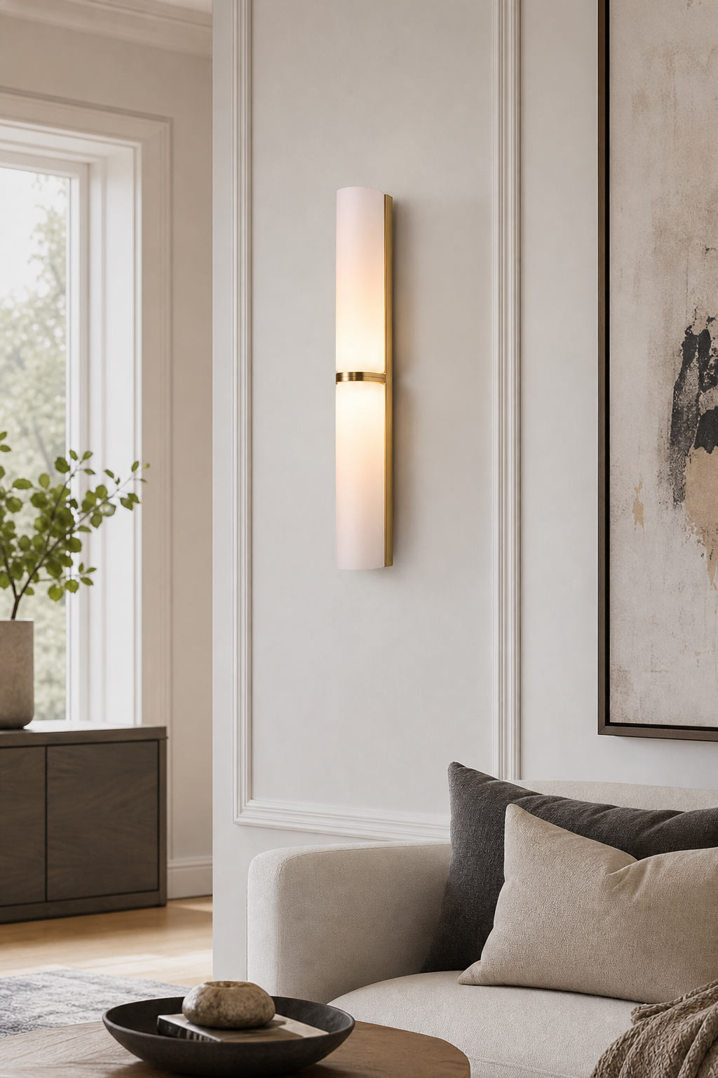 Modern Brushed Brass Milky Glass Wall Sconce - generated main 04 04-living-room-feature-wall-wide