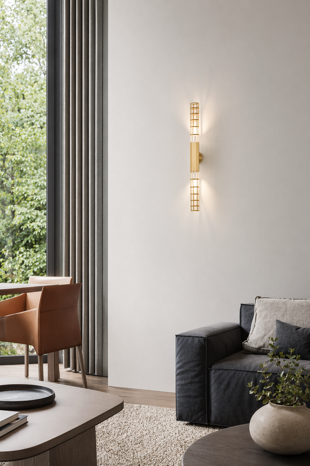 Modern Natural Brass Linear LED Wall Sconce - generated main 04 04-living-room-feature-wall-wide