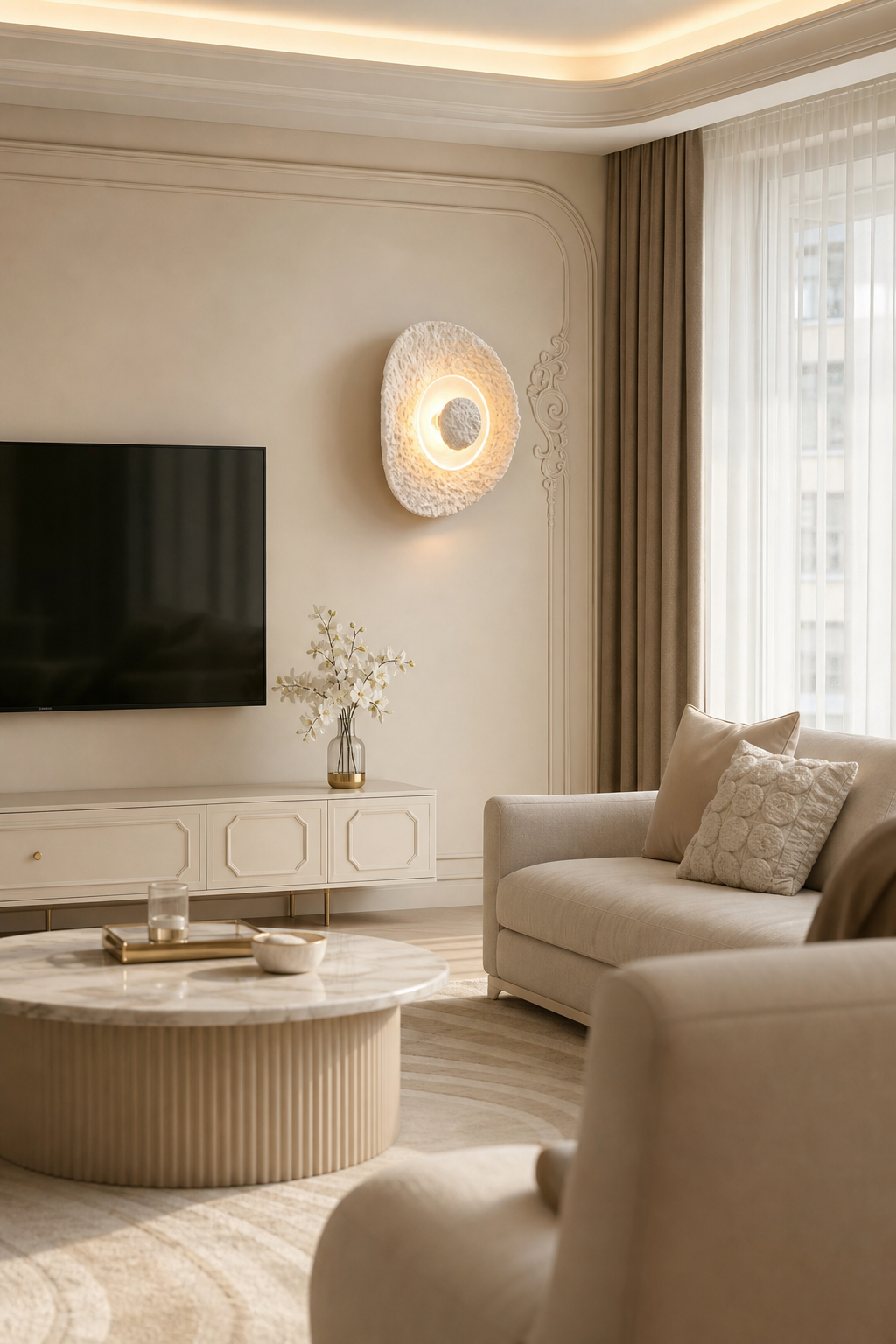 Textured Alabaster Disc Wall Sconce - generated main 04 04-living-room-feature-wall-wide