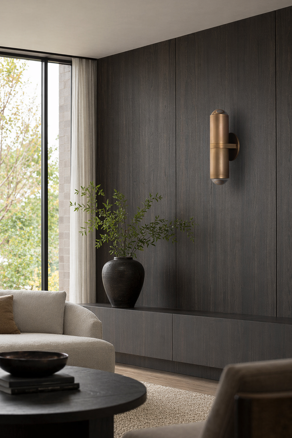 Modern Crystal Glass Cylinder Wall Sconce in Vintage Bronze - generated main 04 04-living-room-feature-wall-wide