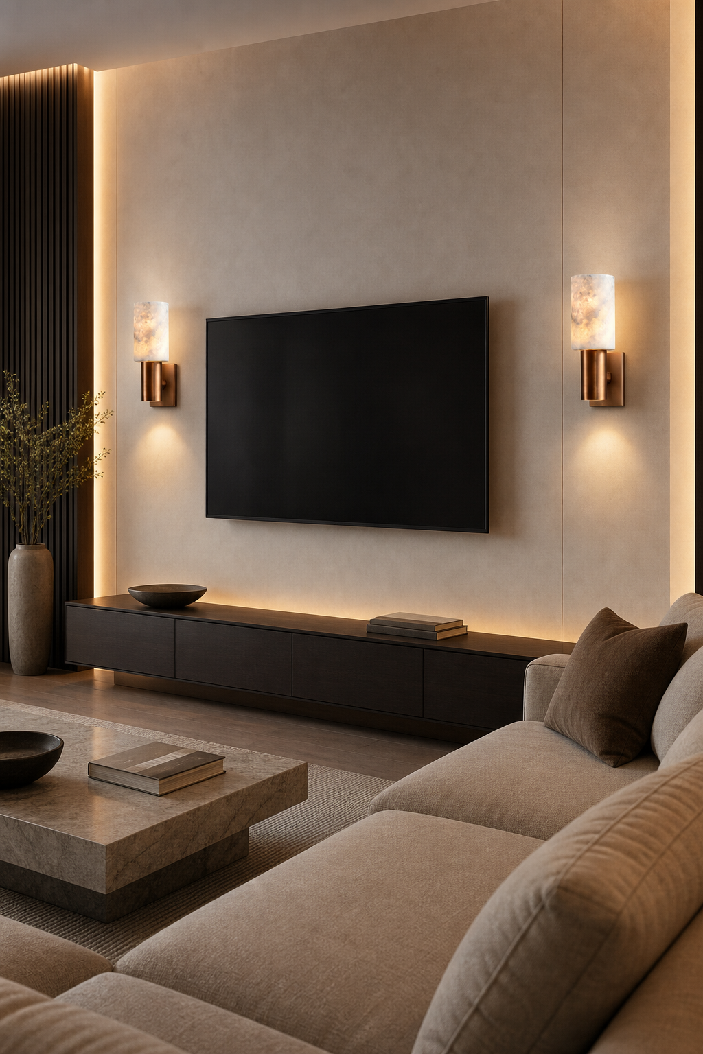 Modern Natural Stone Cylinder Wall Sconce - generated main 04 04-living-room-feature-wall-wide