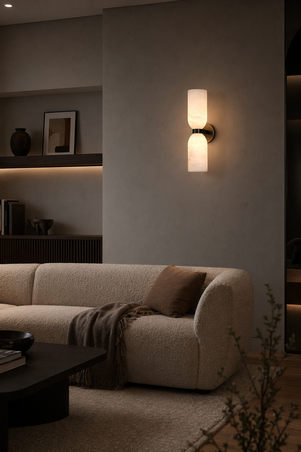 Modern Alabaster Cylinder Wall Sconce in Antique Brass - product image 04