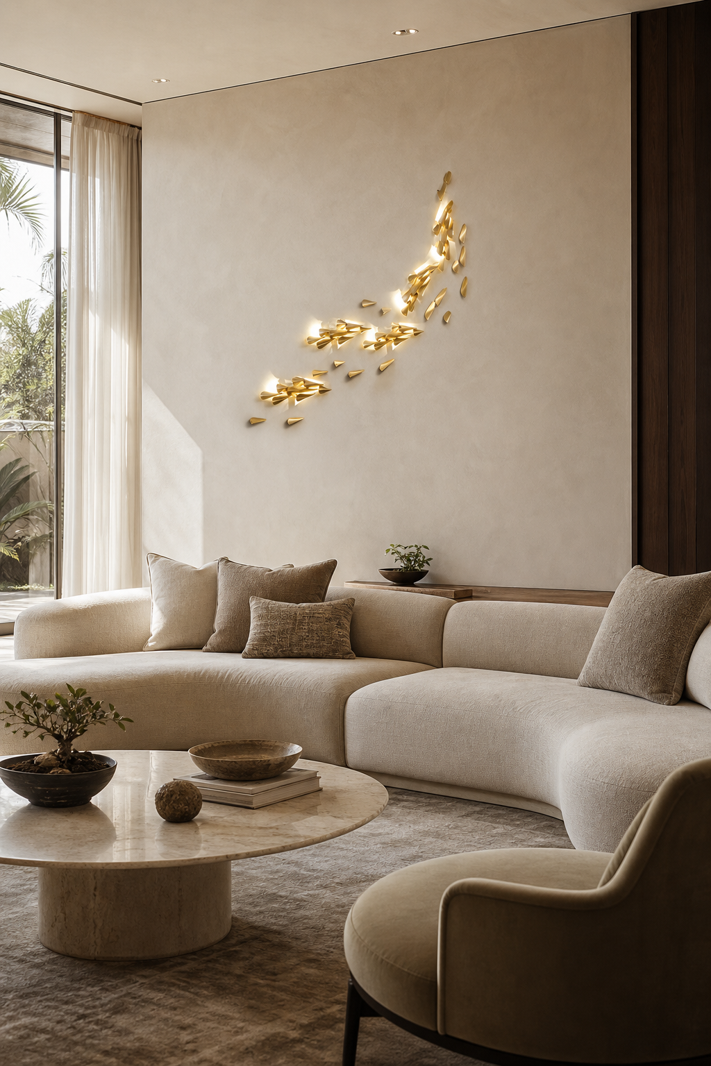 Brass Leaf LED Wall Art Sconce installed on a living or dining room feature wall, view 4