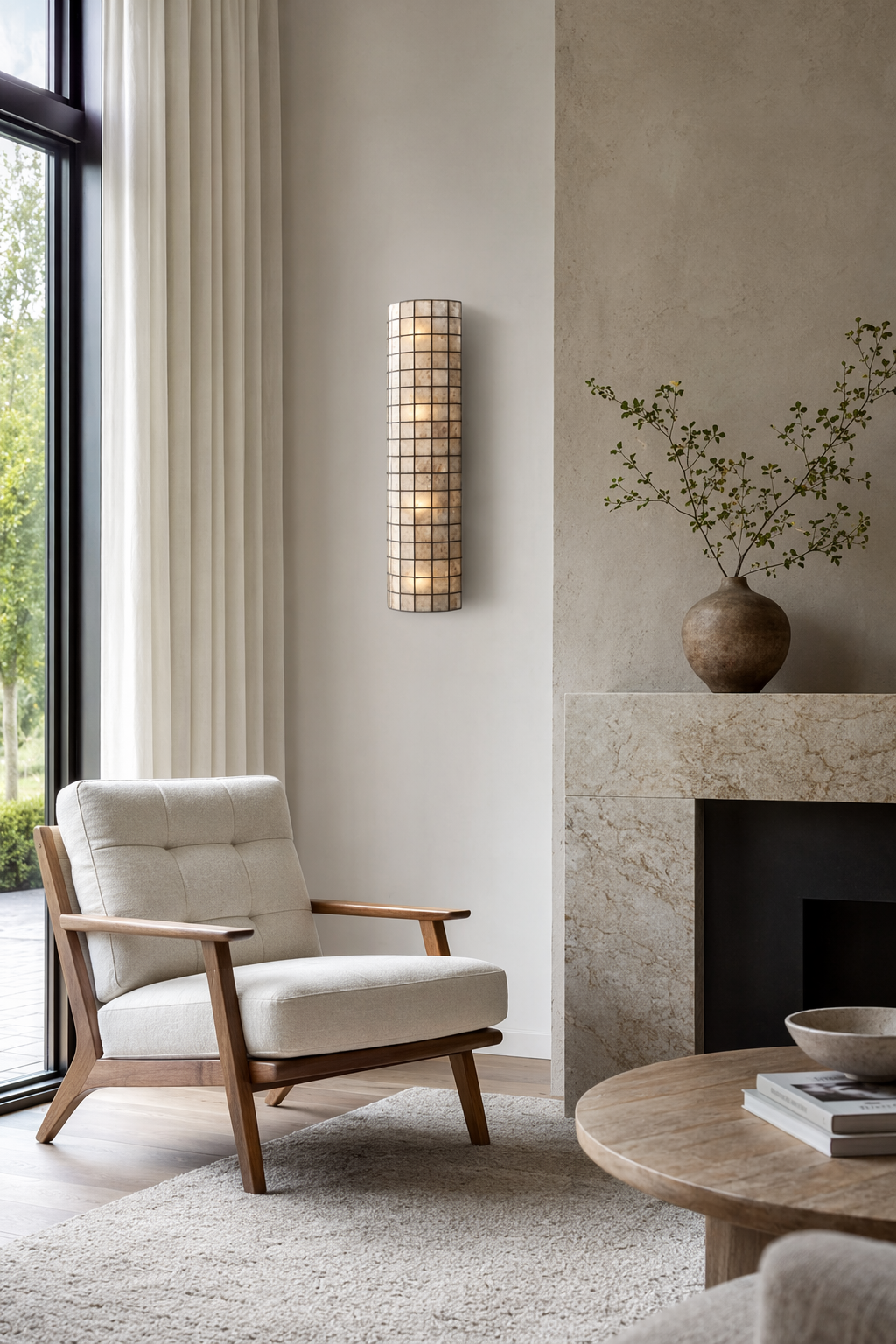 Modern Capiz Shell Mosaic Wall Sconce - 04 04-living-room-feature-wall-wide