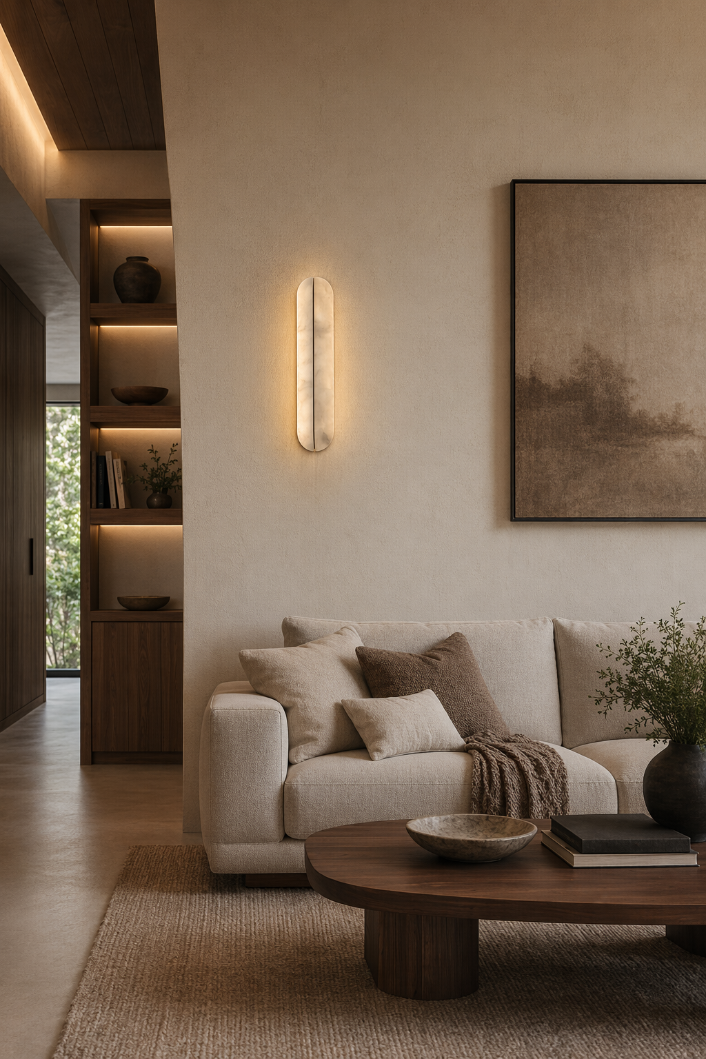 Slim alabaster capsule wall sconce on a living room feature wall