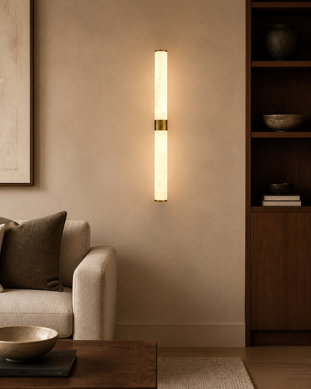 Modern Snowflake Alabaster Cylinder Wall Sconce in Natural Brass - product image 02