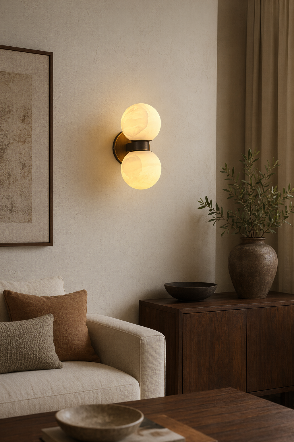 Modern Alabaster Double Globe Wall Sconce in Antique Brass - product image 09
