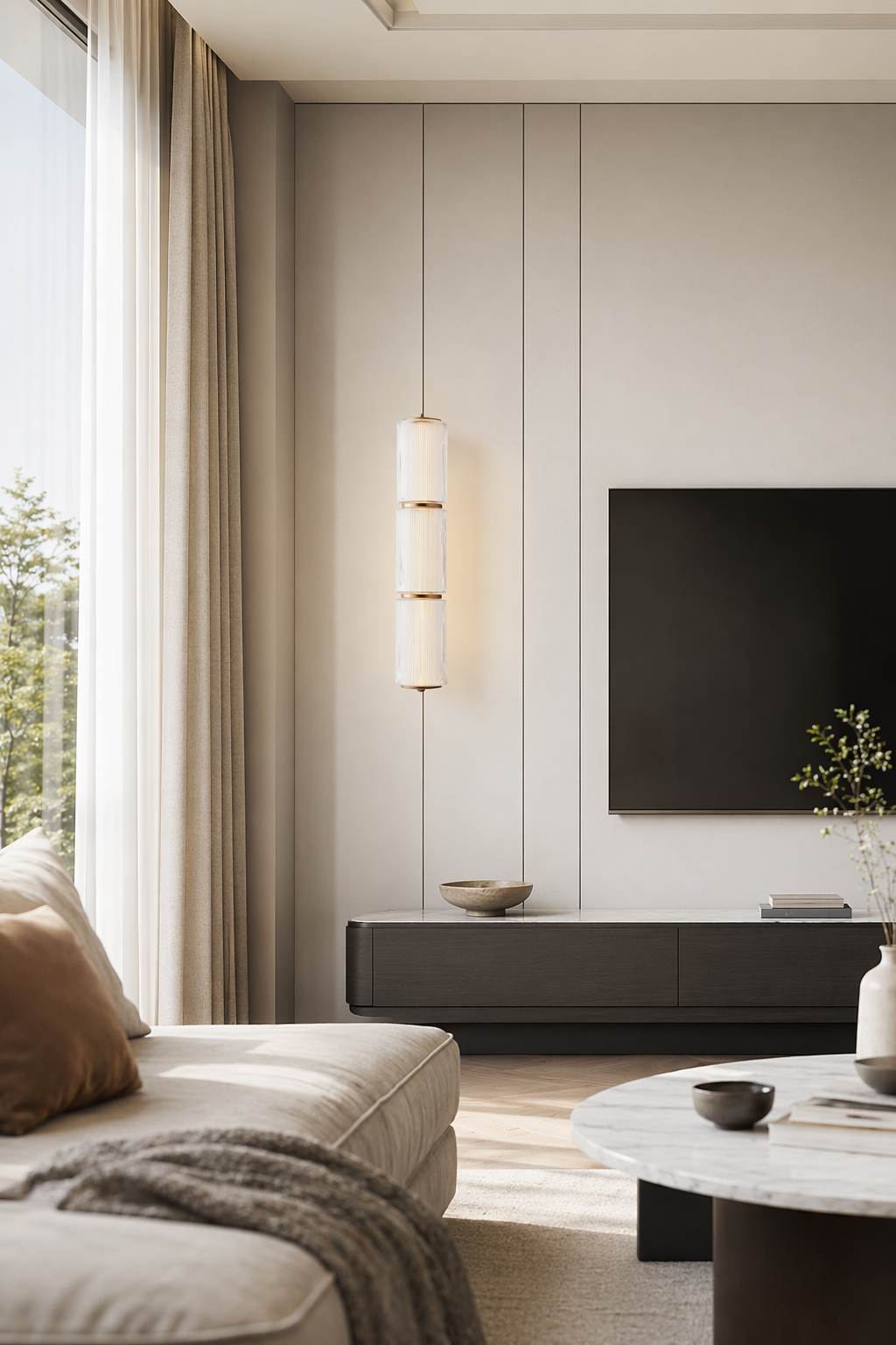 Modern Vertical Multi-Head Wall Sconce - generated workflow 04 04-living-room-feature-wide-daylight