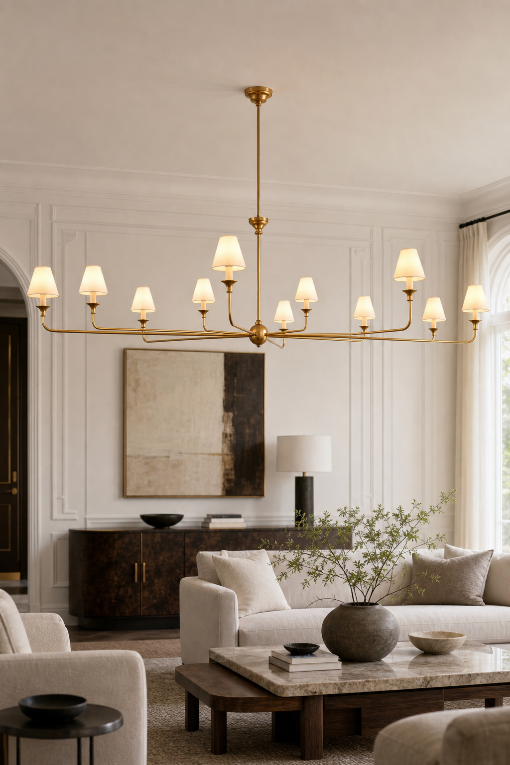 Tiered Brass and Fabric Linear Chandelier shown in a designer living room, view 4
