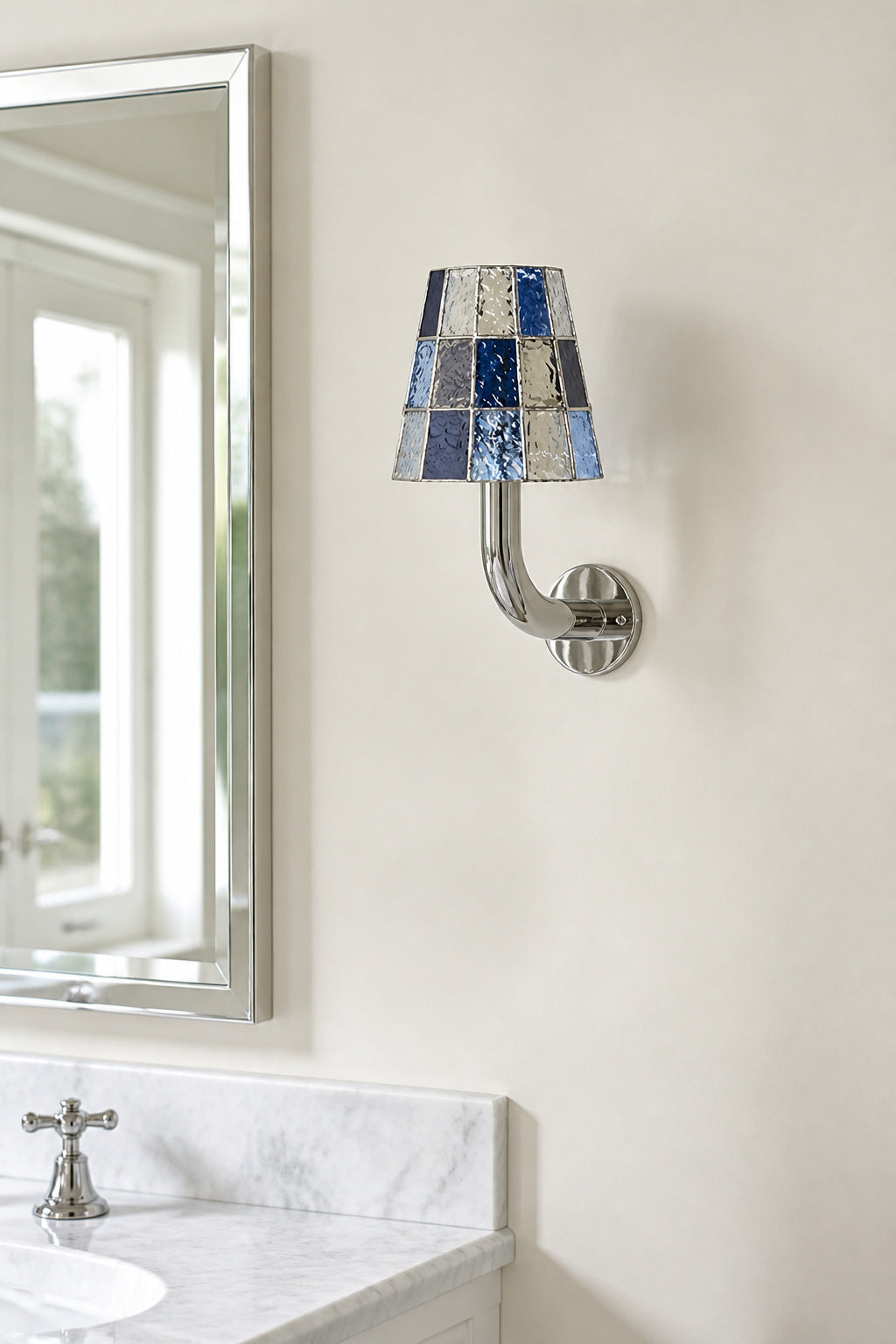 Textured Glass Long-Arm Wall Sconce — long blue bathroom daylight