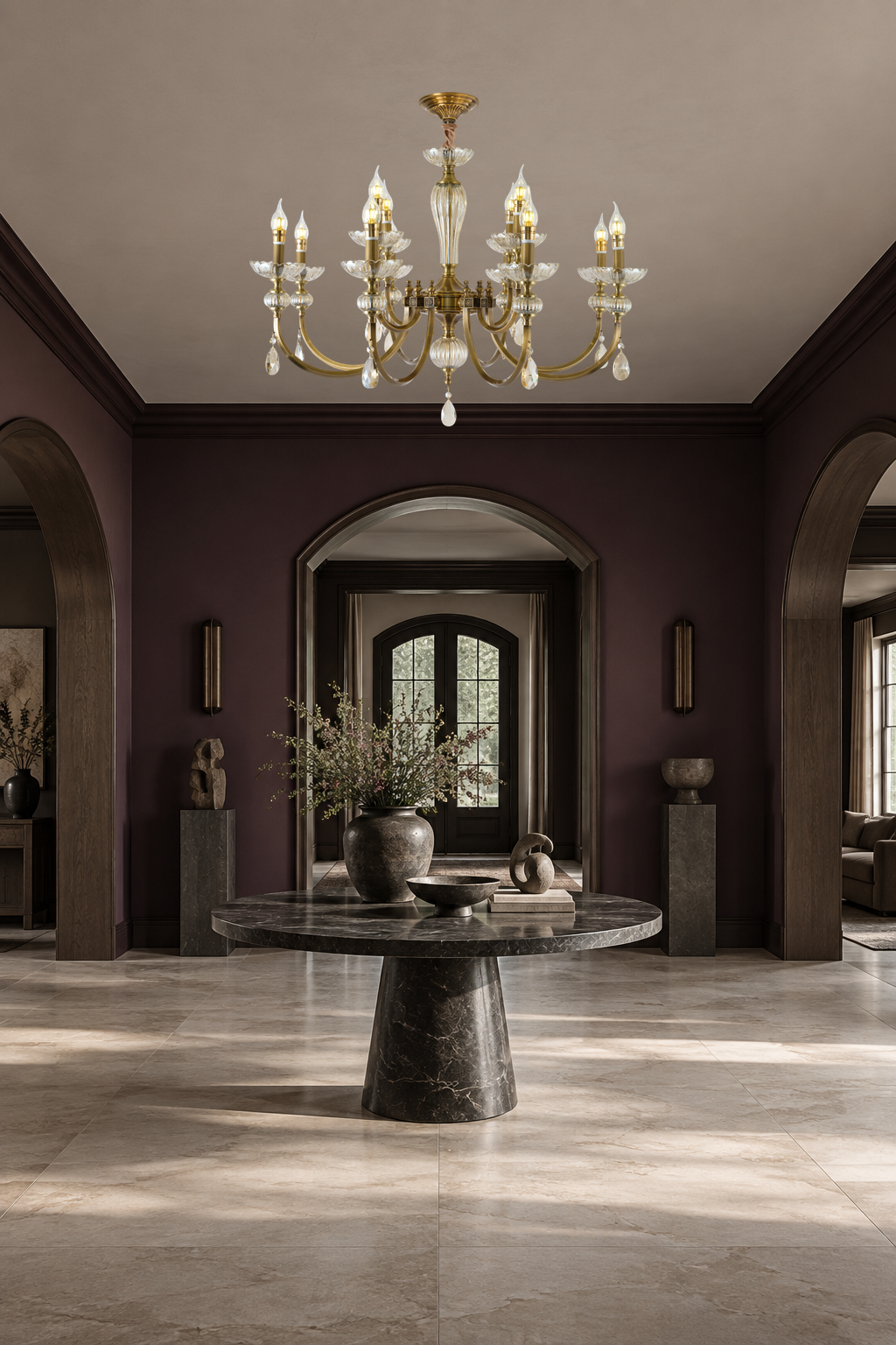 Lucerayne twelve-light two-tier chandelier centered above a round dark-stone table in an aubergine entry salon