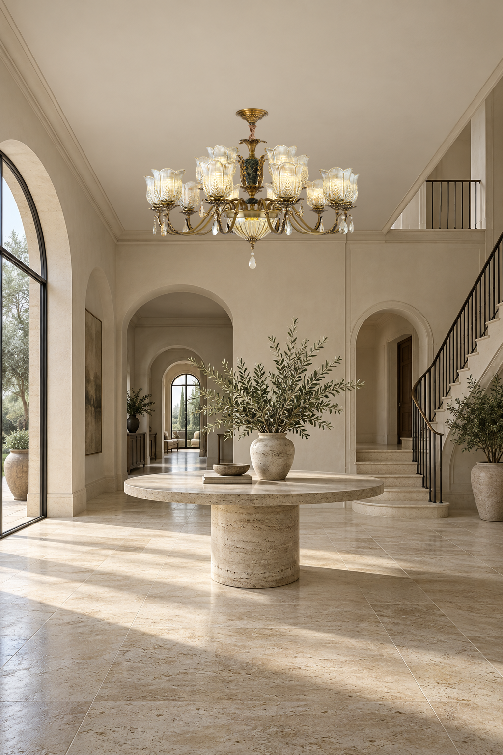 Marmavelle fifteen-light two-tier chandelier centered over a round entry table in a travertine foyer