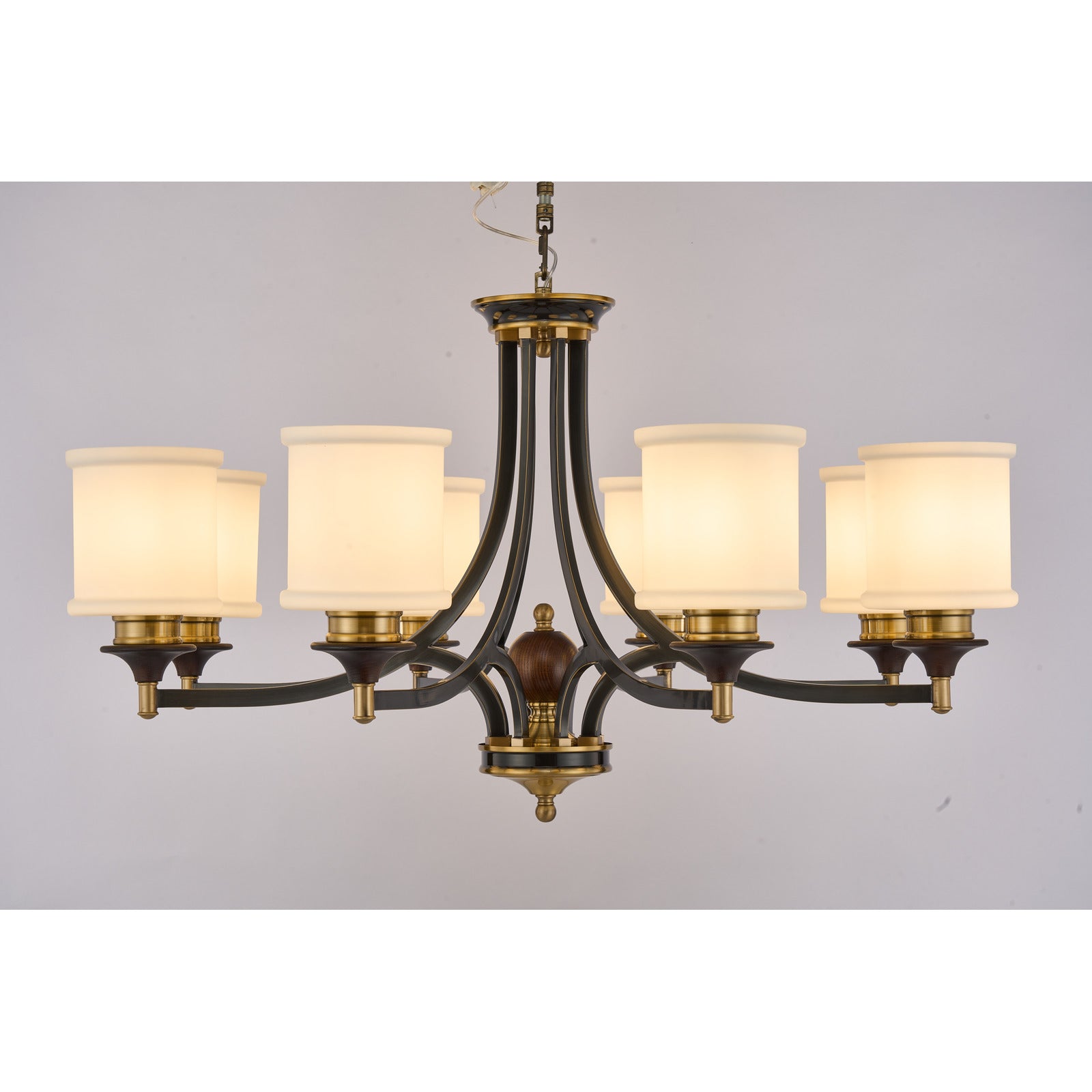 Supplier real photograph of the Montclair eight-light chandelier complete lit front view