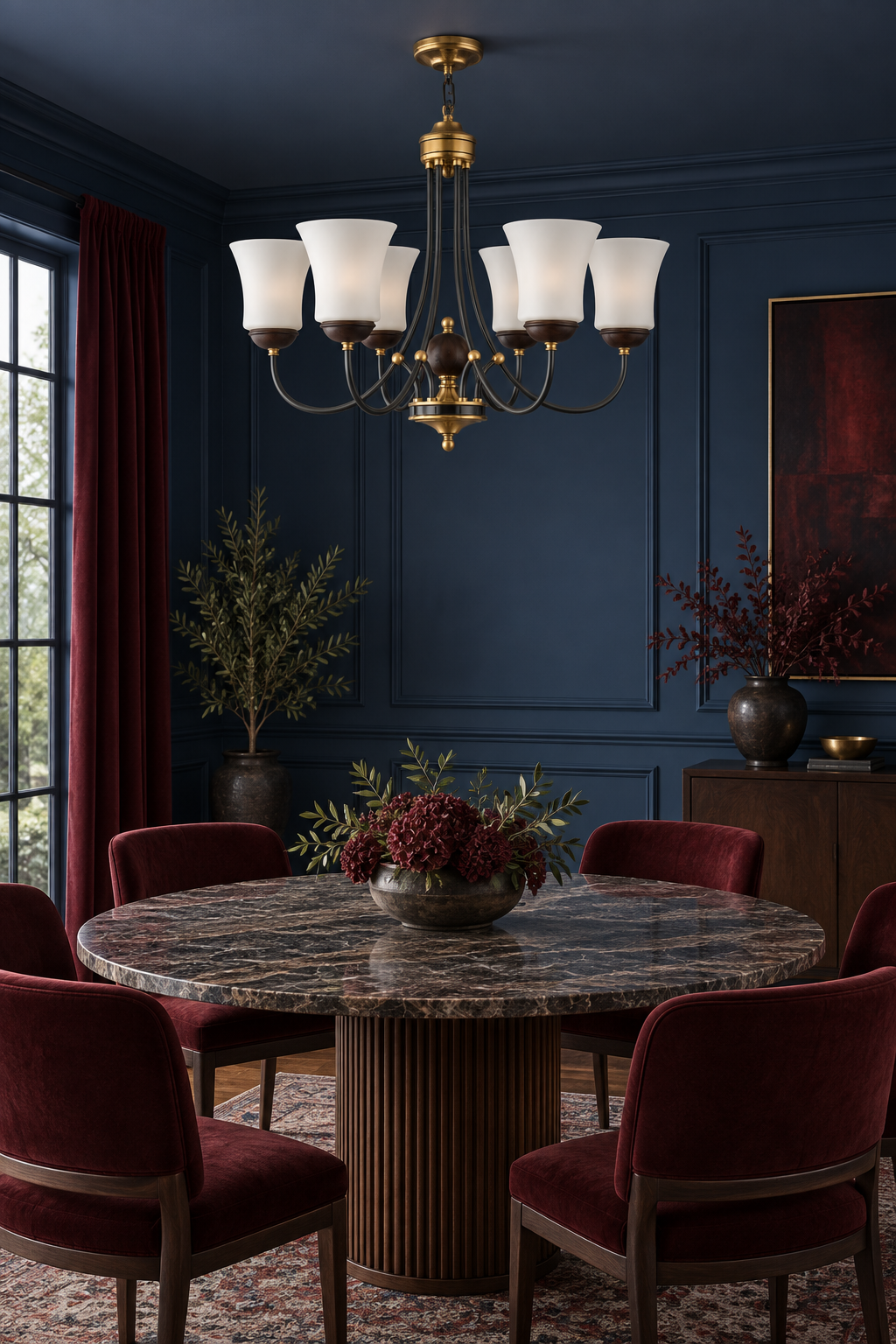 Mornvale six-light chandelier centered above a round marble table in a midnight-blue dining room, fixture off