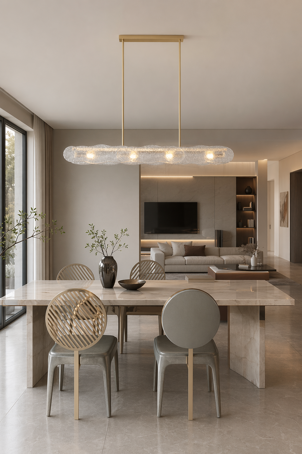 Modern Textured Glass Linear Island Chandelier - 04 04-open-plan-dining-wide