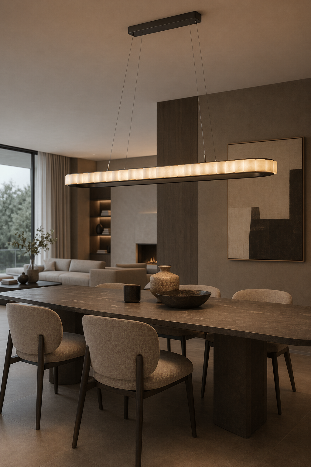 Modern Alabaster Linear Island Chandelier in Matte Black - 04 04-open-plan-dining-wide