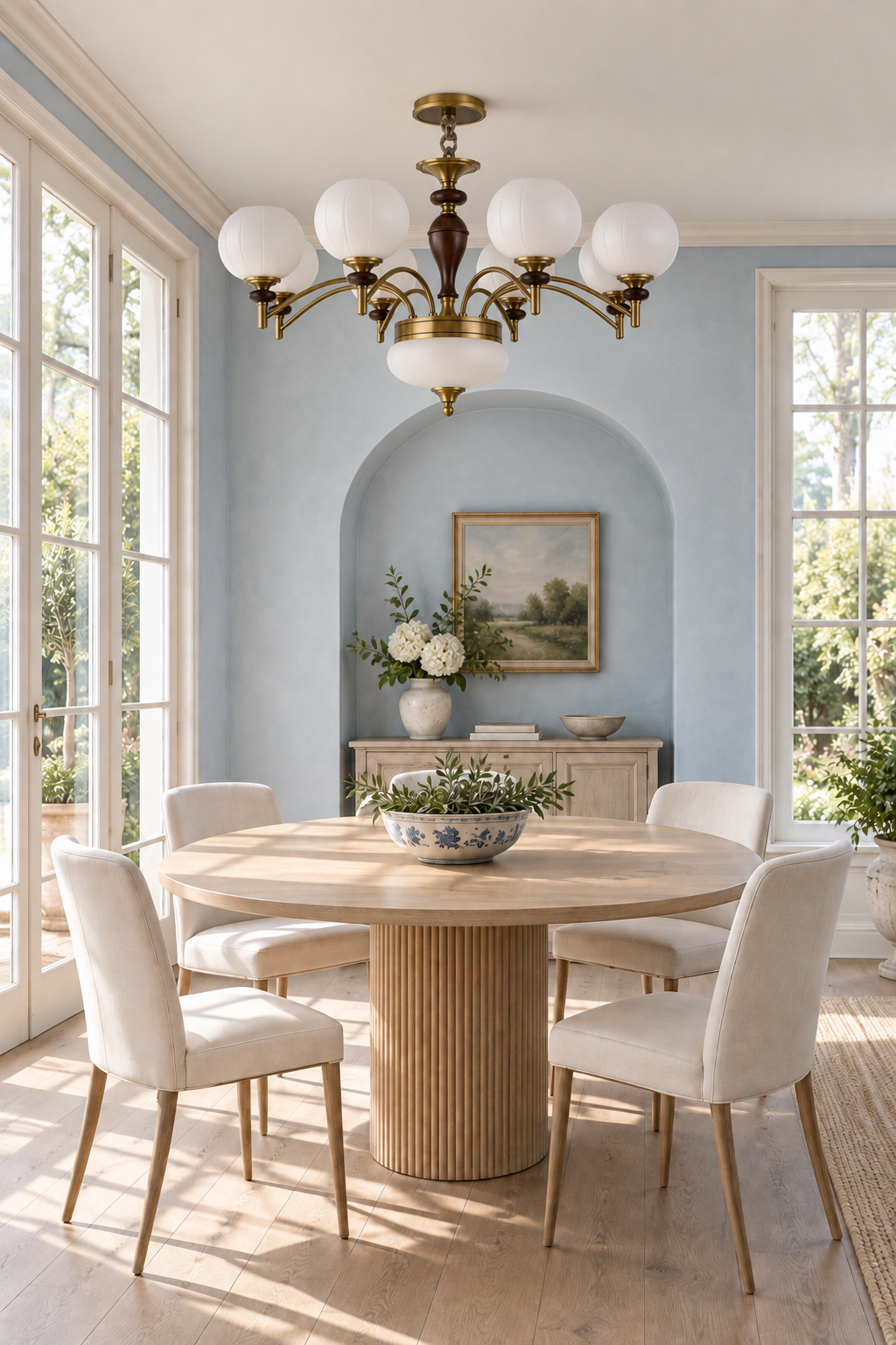 Orbemere six-light chandelier centered over a pale oak breakfast table in a powder-blue room with the fixture off