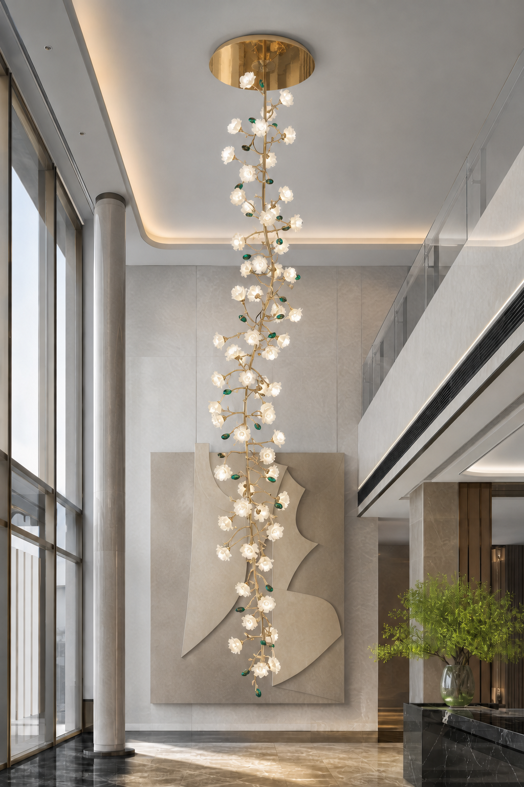 Sylverelle long chandelier – palace hotel atrium with flat round canopy