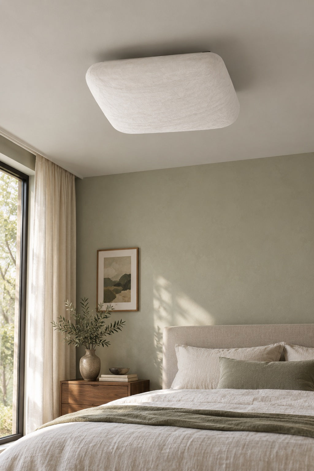 Pure silk square ceiling light in a bedroom switched off