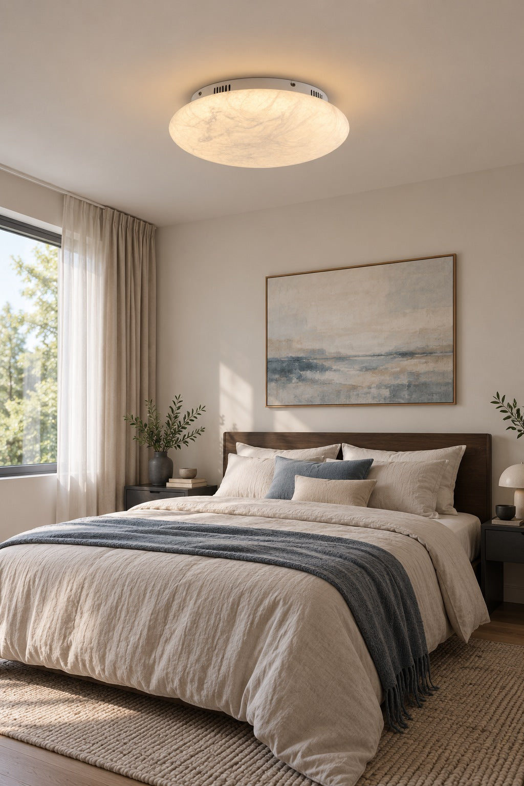 Round pure silk ceiling light illuminated in a bedroom
