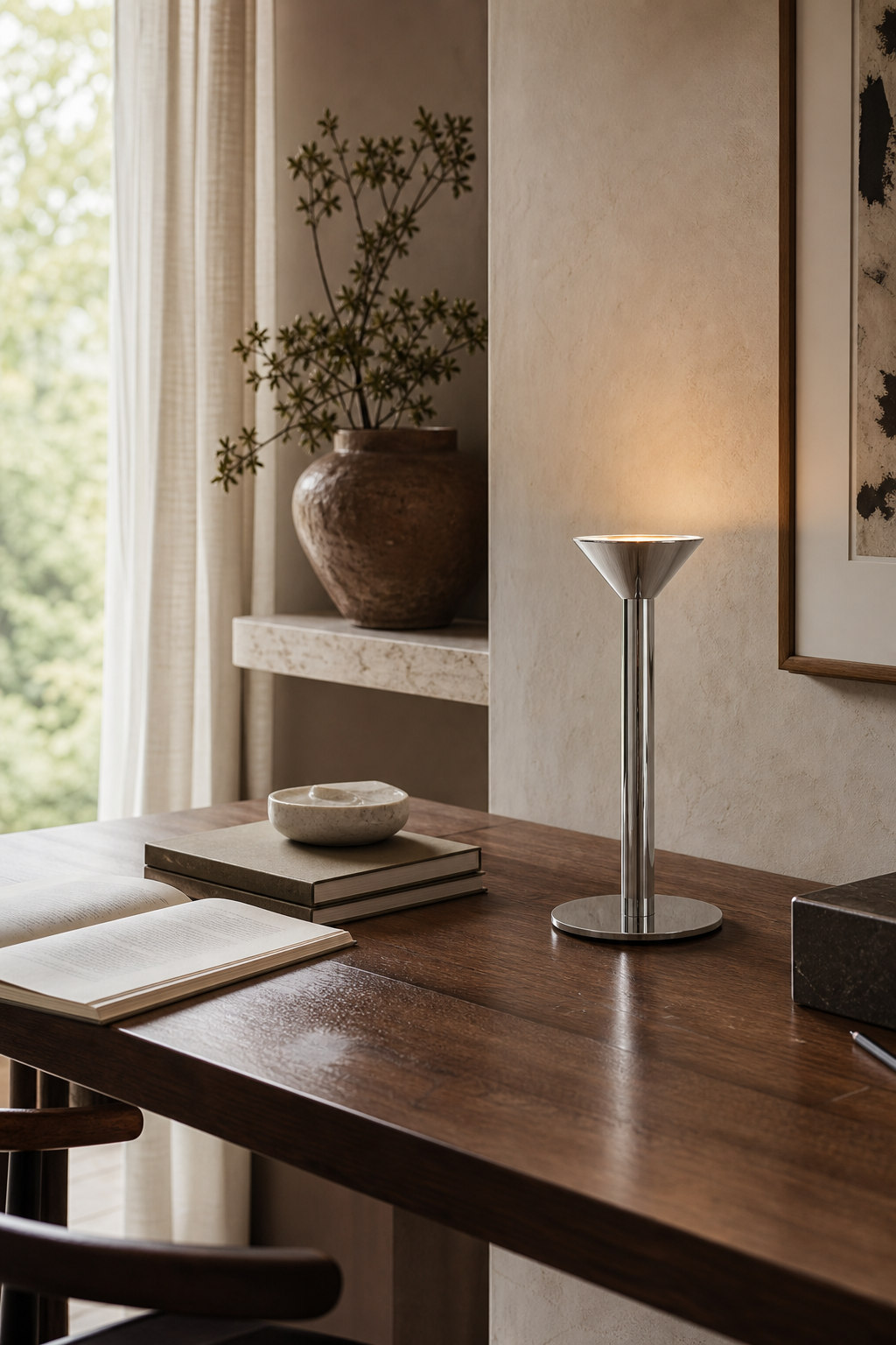 Minimalist Cone LED Table Lamp styled in a study or reading area, view 4