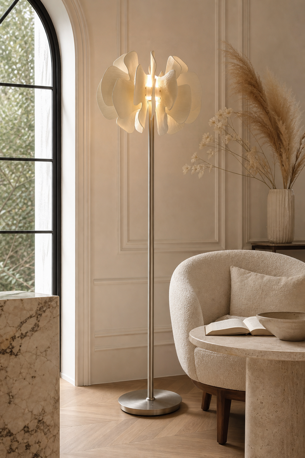 Sculptural Ceramic Petal Floor Lamp reading nook