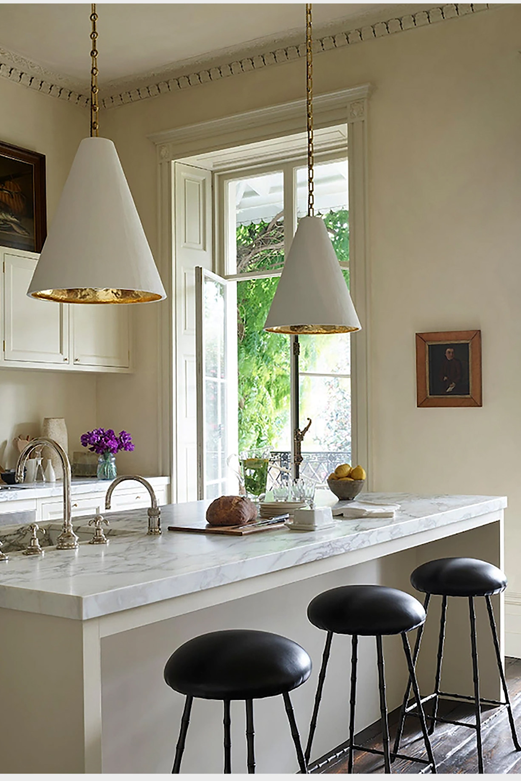 Hand-Textured Plaster Cone Pendant Light real installation 04 restored complete kitchen scene